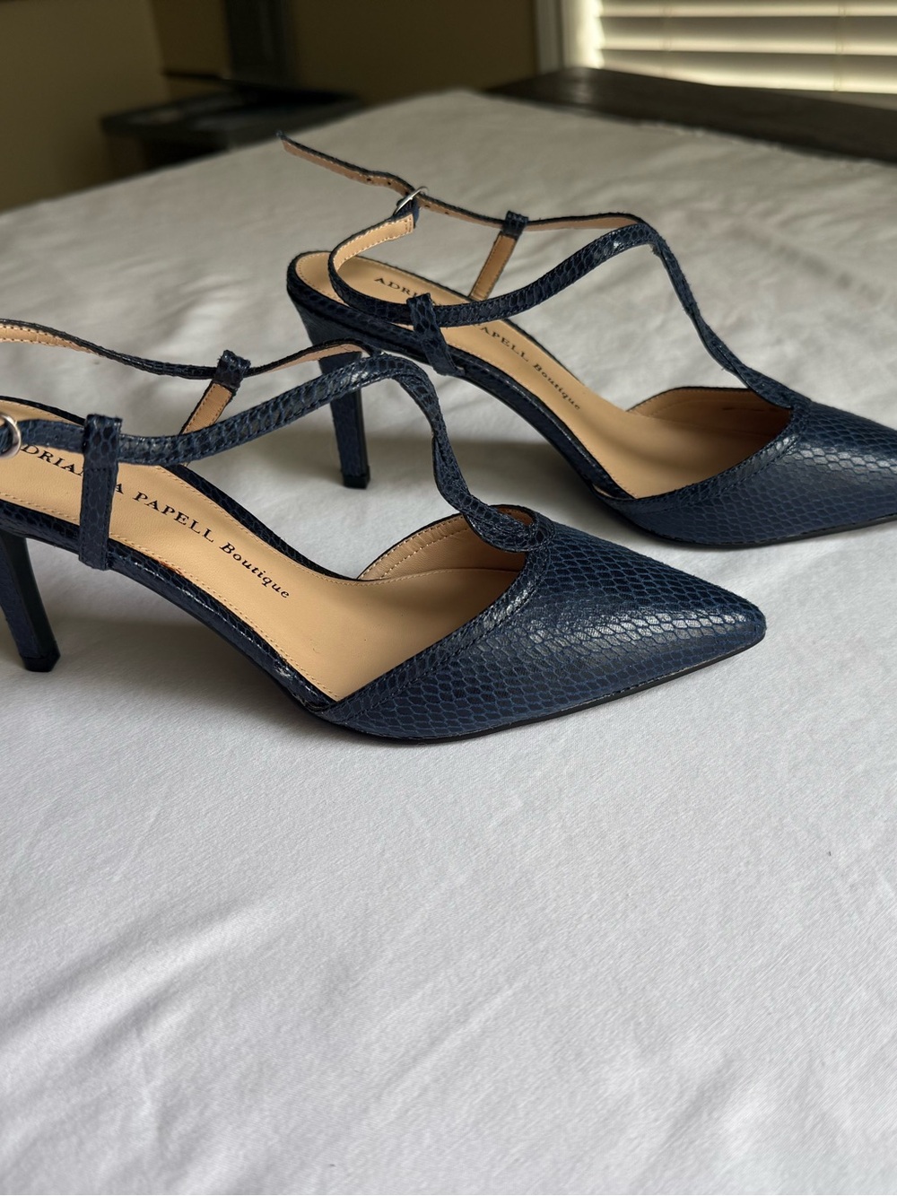 Adrianna Papell Boutique Navy Blue Pointed Toe Ankle T-Strap Heel Snake Wedding